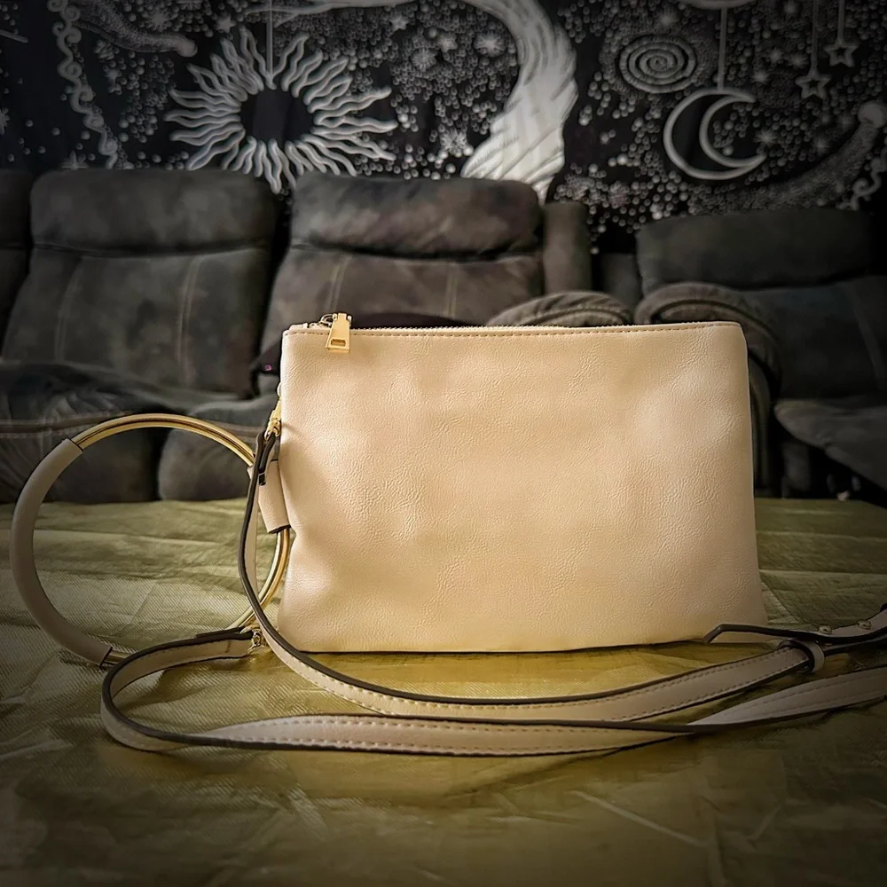 INC International Concepts Cream Shoulder Bag with Gold Ring - Picture 12 of 13